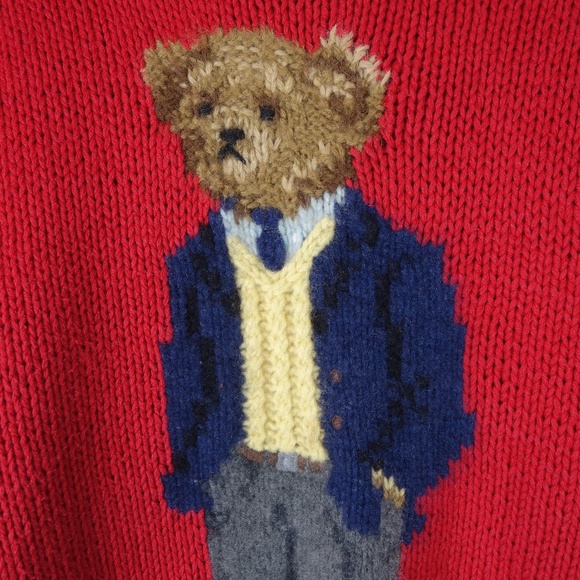 Vintage 2001 Ralph Lauren Hand Knit Polo Bear Crewneck Sweater, Size 2XL - Picture 4 of 9